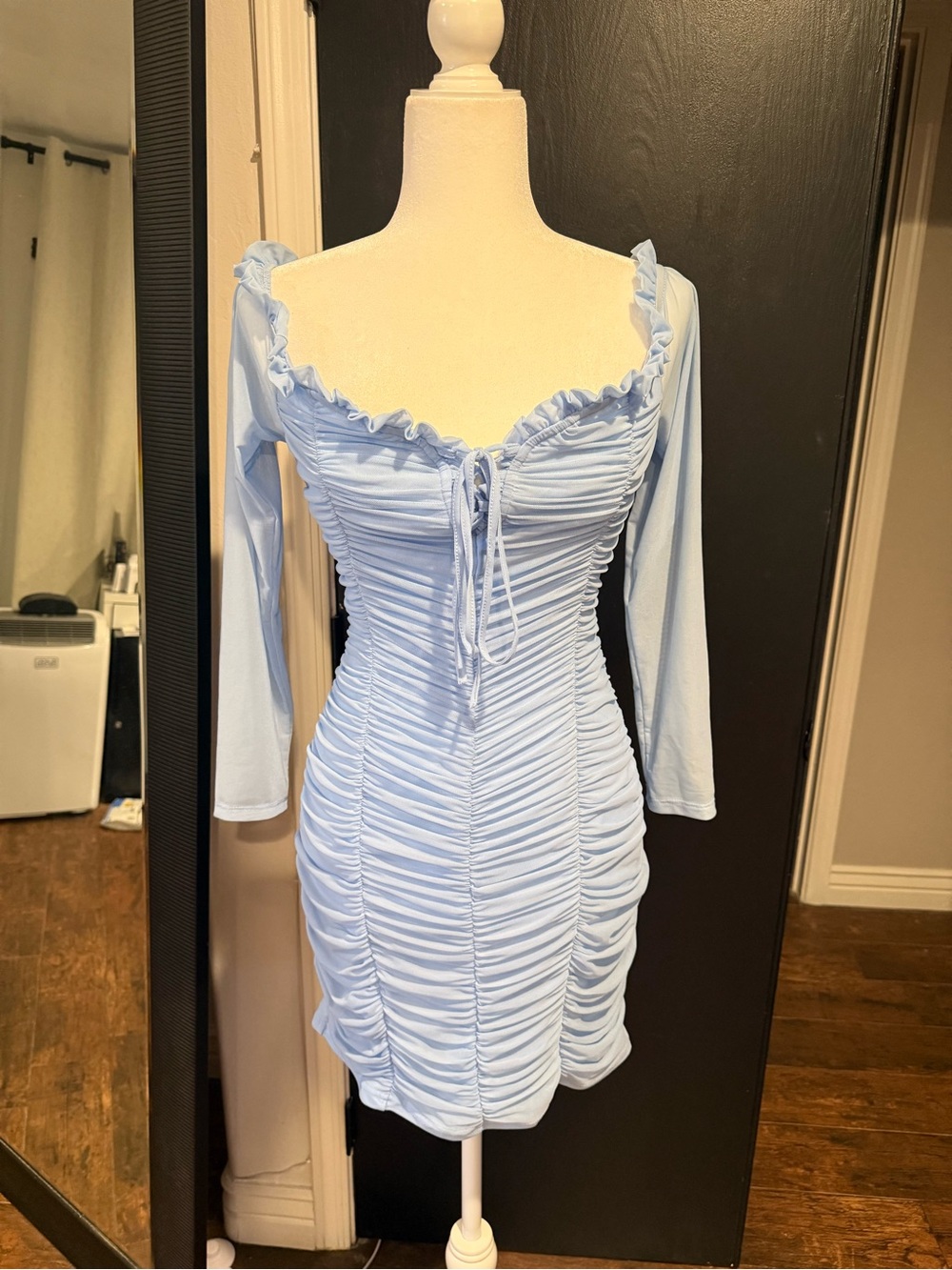 Light Blue Ruched Long-Sleeve Mini Dress